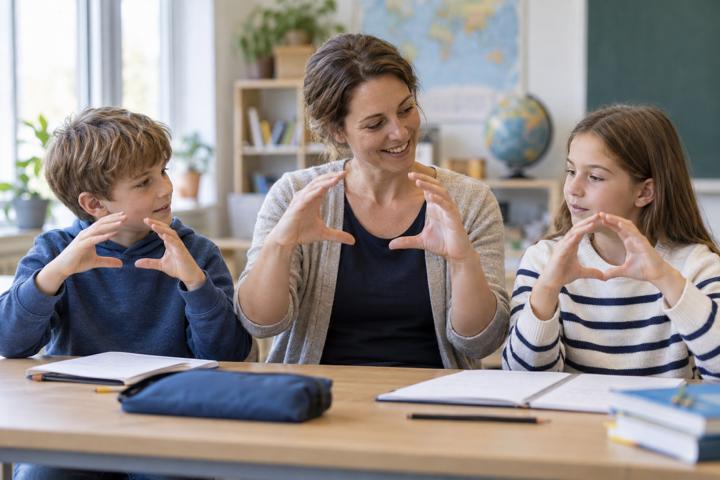 Lehrerin und Kinder lernen mit Gesten