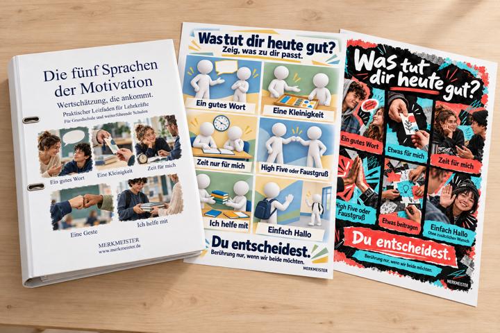 Ordner Die fünf Sprachen der Motivation mit beiden Plakaten