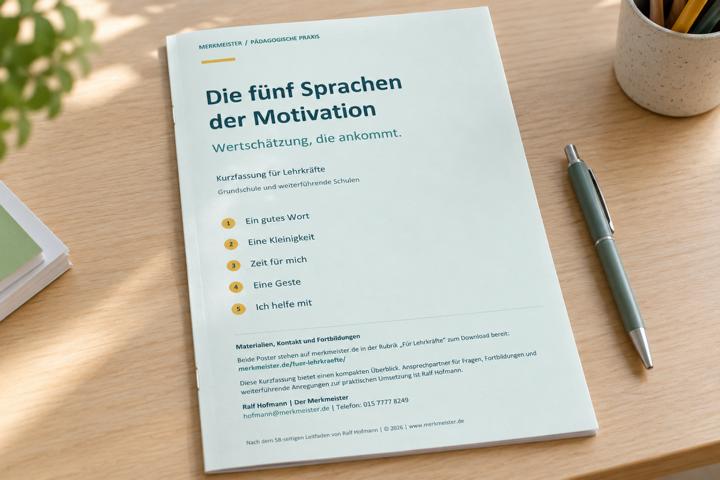 Kurz-Workbook Die fünf Sprachen der Motivation auf einem Tisch